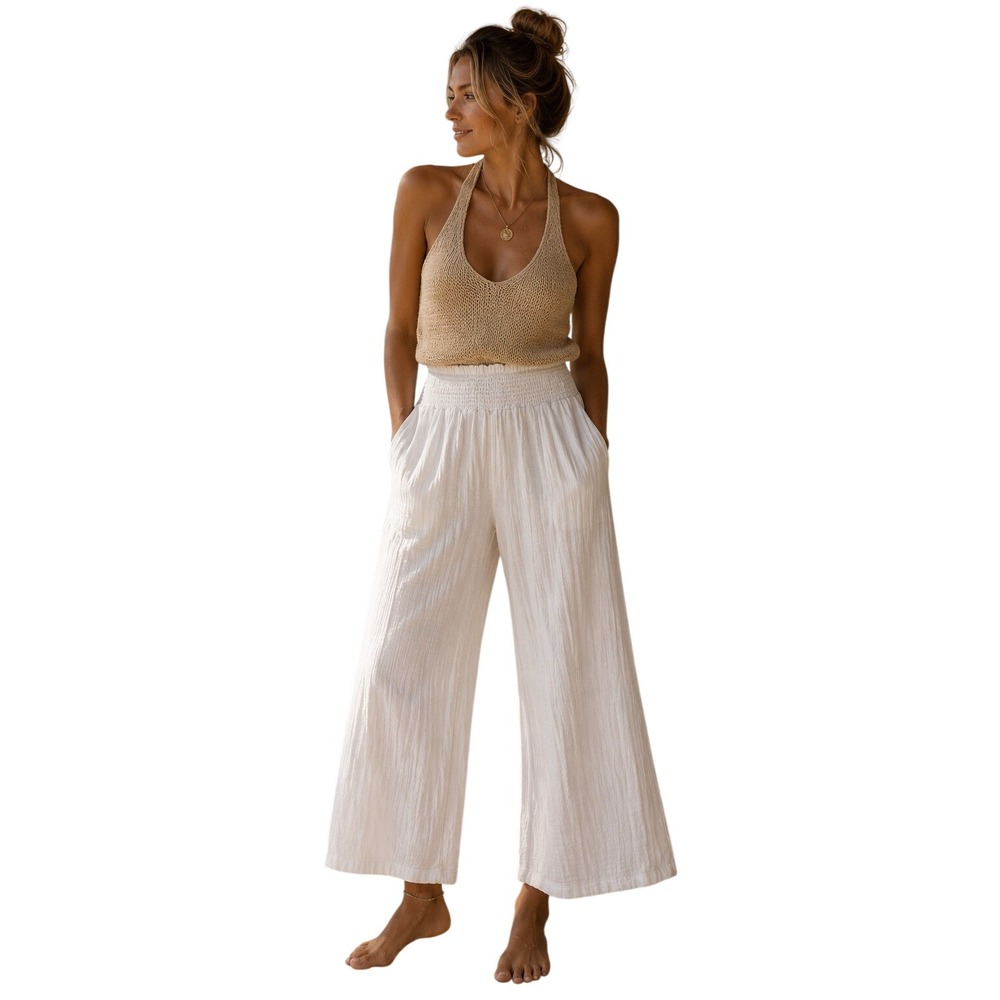 Wonderly Cropped Wide Leg Pants XL White Gauze Coastal Preppy Boho Old Money